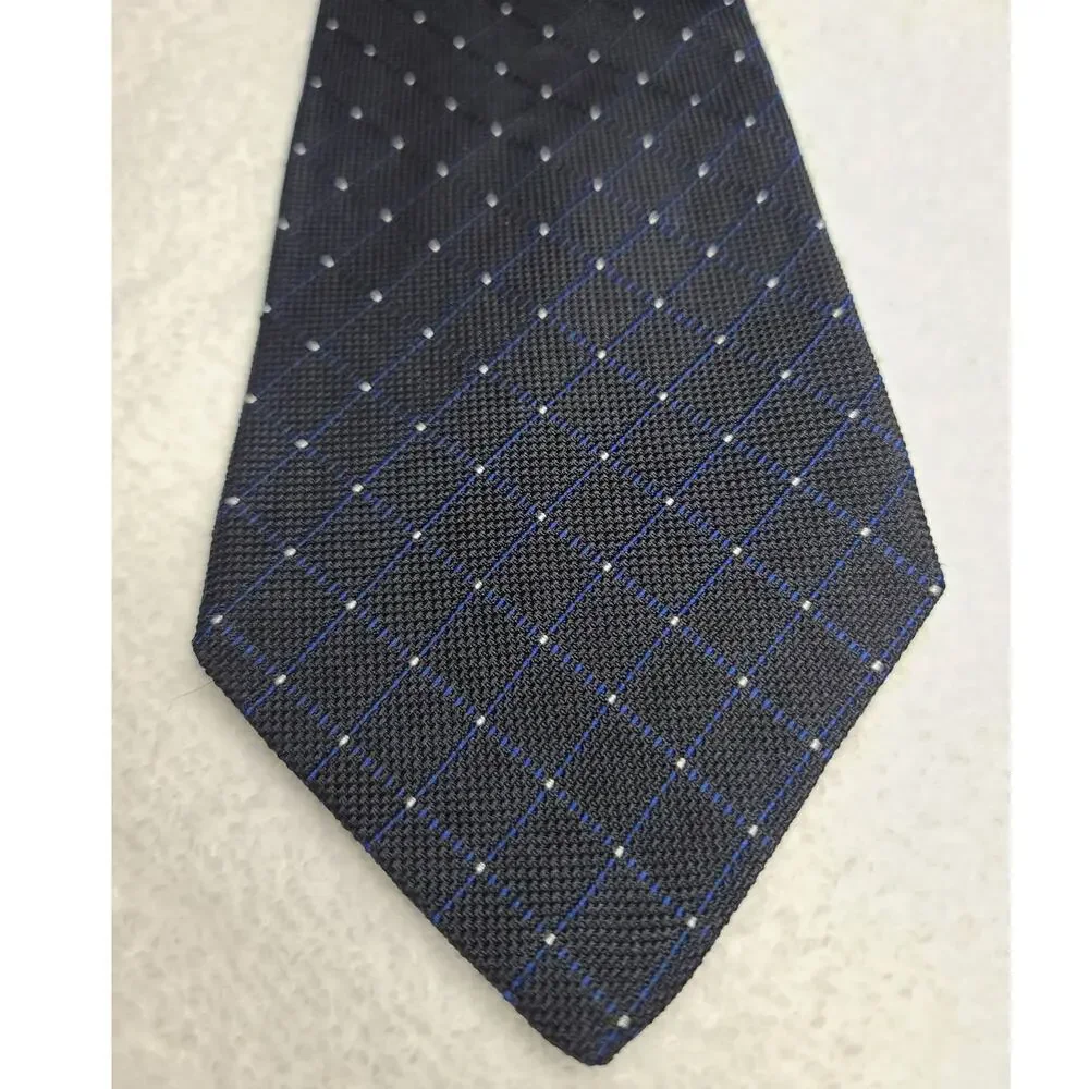 Tommy Hilfiger black blue white grid plaid silk tie - 56.5